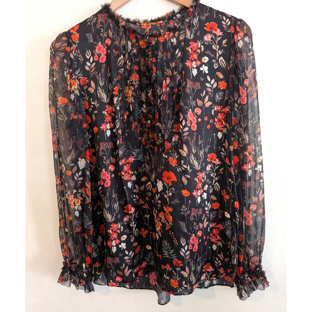 Elie Tahari 100% Silk Floral Blouse Black Red Button Front Fringe Trim M